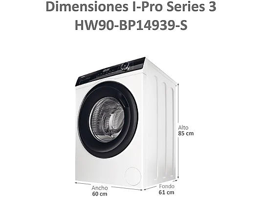 Lavadora carga frontal – Haier I-Pro Series 3 HW90-BP14939-S, 9kg, 1400rpm, Motor Inverter, Vapor, Antibacterias, Blanco