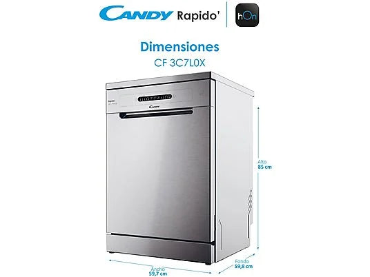 Lavavajillas – Candy Rapido’ CF 3C7L0X, 13 servicios, 5 programas, 60 cm, Motor Inverter, Wi-Fi, Inox