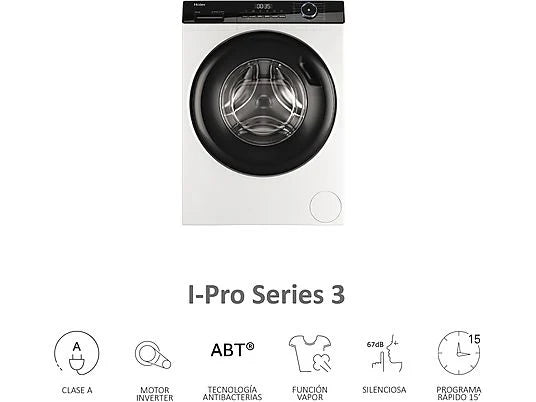 Lavadora carga frontal – Haier I-Pro Series 3 HW90-BP14939-S, 9kg, 1400rpm, Motor Inverter, Vapor, Antibacterias, Blanco