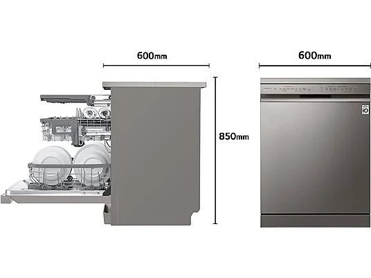 Lavavajillas – LG DF365FPS, 14 servicios, 10 programas, 60 cm, Lavado a vapor, Tercera bandeja, Truesteam™, QuadWash™, Acero inoxidable Antihuellas