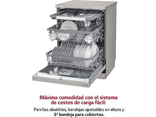Lavavajillas – LG DF365FPS, 14 servicios, 10 programas, 60 cm, Lavado a vapor, Tercera bandeja, Truesteam™, QuadWash™, Acero inoxidable Antihuellas